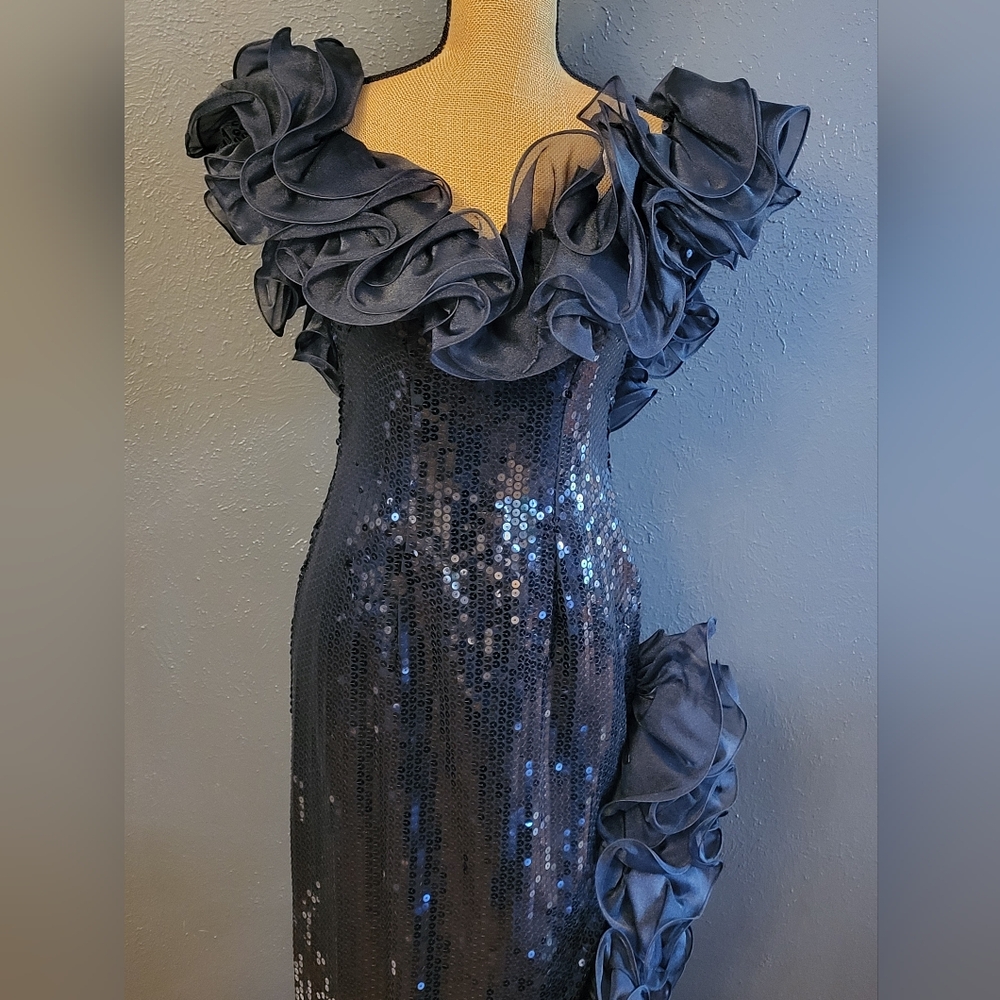Alyce Designs Vintage 80s Black Sequined Full-Length Dress Size 12 - Picture 6 of 14